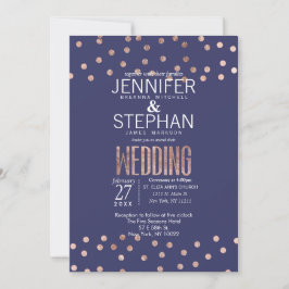 Rose Gold Polka Dots Light Navy Blue Wedding Einladung