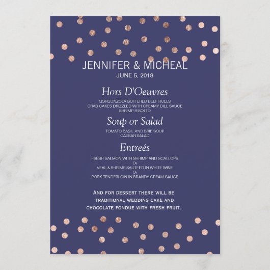 Rose Gold Polka Dots Light Navy Blue Wedding Menu Menükarte (Vorderseite)