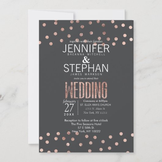 Rose Gold Polka Dots und Holzkohle Black Wedding Einladung (Vorderseite)