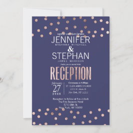 Rose Gold Polka Dots und Light Navy Blue Empfang Einladung
