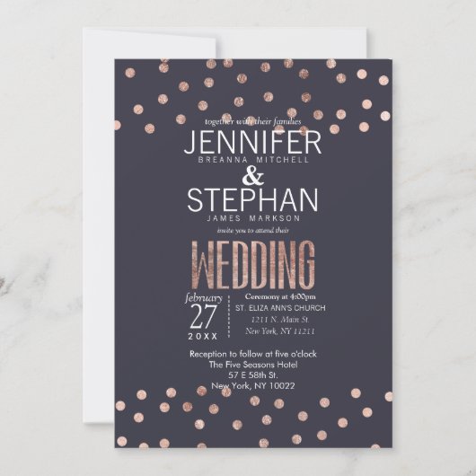 Rose Gold Polka Dots und Navy Blue Wedding Einladung (Vorderseite)