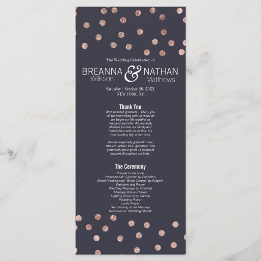 Rose Gold Polka Dots und Navy Blue Wedding Program Programm (Vorderseite)
