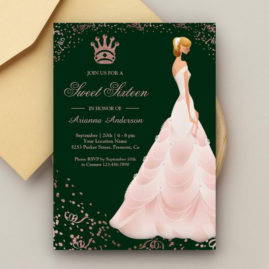 Rose Gold Princess Dress Green 16 . Geburtstag Einladung