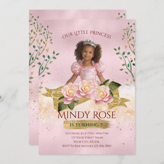 Rose Gold Princess Kindergeburtstag Einladung (Vorne/Hinten)