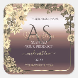 Rose Gold Product Label Creme Blume und Monogramm Quadratischer Aufkleber