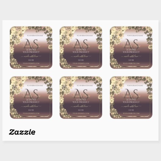Rose Gold Product Label Creme Blume und Monogramm Quadratischer Aufkleber (Blatt)