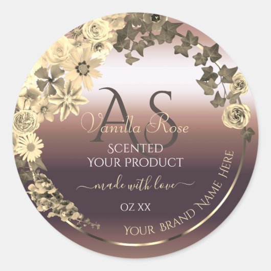 Rose Gold Product Label Creme Blume und Monogramm Runder Aufkleber (Vorderseite)