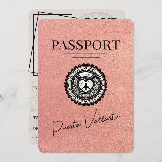 Rose Gold Puerta Vallarta Reisepass Save the Date (Vorne/Hinten)