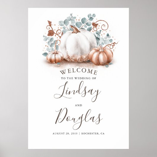 Rose Gold Pumpkins Hochzeit im Herbst Begrüßungsze Poster (Vorne)