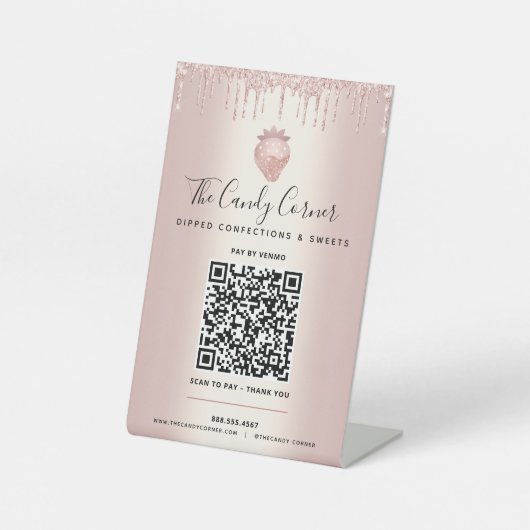 Rose Gold QR Code Bezahlung Hier Erdbeeren Glitzer Sockelschild (Vorderseite)