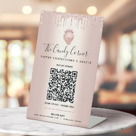 Rose Gold QR Code Bezahlung Hier Erdbeeren Glitzer Sockelschild