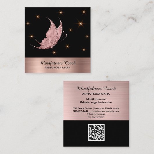 *~* Rose Gold QR Code Glitzer Butterfly Mystical Quadratische Visitenkarte (Vorne/Hinten)