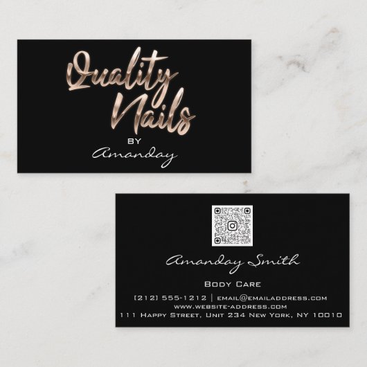 Rose Gold Quality Nails Script QRCode Logo Visitenkarte (Vorne/Hinten)