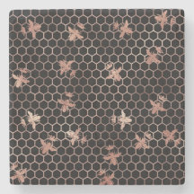 Rose Gold Queen Bees and Honeycomb on Black