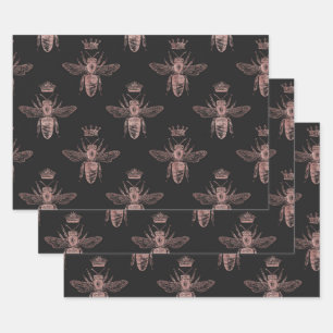 Rose Gold Queen Bienen auf Schwarz Geschenkpapier Set