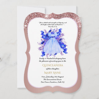 Rose Gold Quinceañera BLAU Floral Elegant Einladung