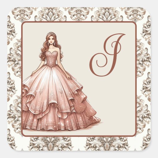 Rose Gold Quinceañera Dress Quadratischer Aufkleber (Vorderseite)