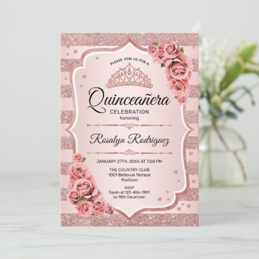 Rose Gold Quinceanera Einladung (Stehend Vorderseite)