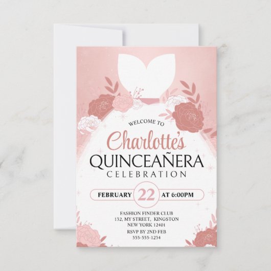Rose Gold Quinceanera Florentinerkleidung Einladung (Vorderseite)