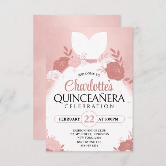 Rose Gold Quinceanera Florentinerkleidung Einladung (Vorne/Hinten)