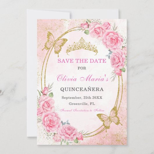 Rose Gold Quinceanera Miss 15 Save the Date Einladung (Vorderseite)