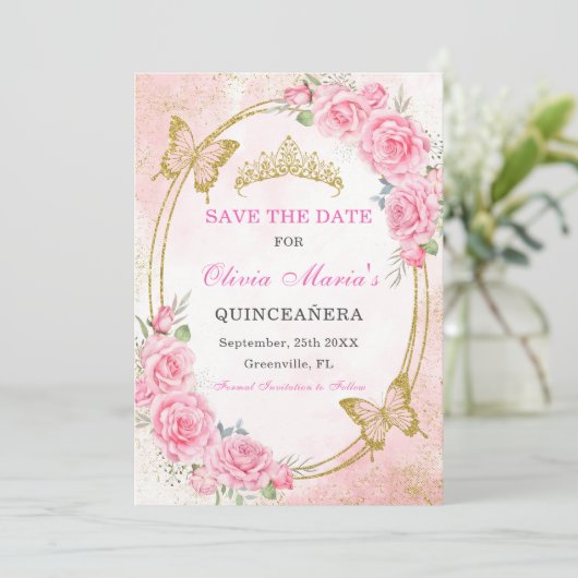Rose Gold Quinceanera Miss 15 Save the Date Einladung (Stehend Vorderseite)