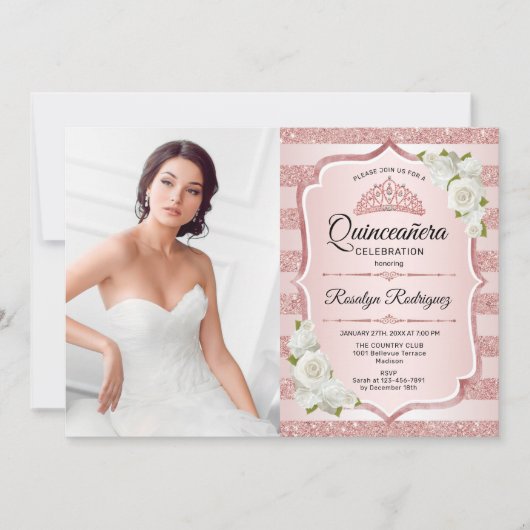 Rose Gold Quinceanera mit Foto - Weißrosen Einladung (Vorderseite)