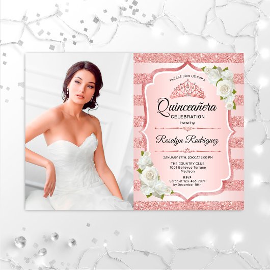 Rose Gold Quinceanera mit Foto - Weißrosen Einladung