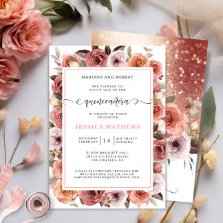 Rose Gold Quinceañera mit Rosa und Blüten Einladung