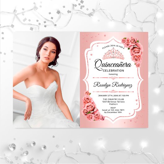 Rose Gold Quinceanera Party mit Foto Einladung