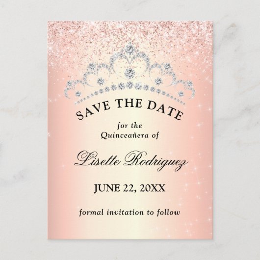 Rose Gold Quinceanera Save the Date Postkarte (Vorderseite)