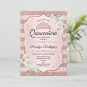 Rose Gold Quinceanera - Weißrosen Einladung (Stehend Vorderseite)