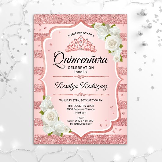 Rose Gold Quinceanera - Weißrosen Einladung