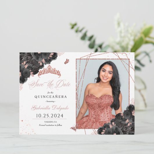 Rose Gold Quinceñera Save the Date Foto Einladung (Stehend Vorderseite)