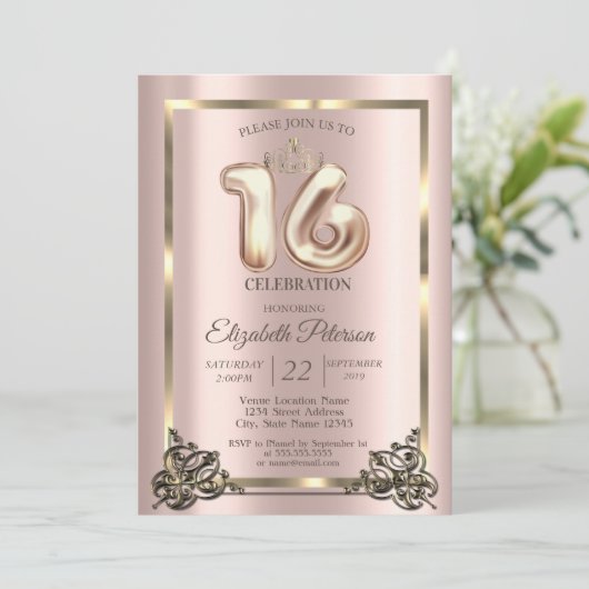 Rose Gold Rahmen, Border, Crown Sweet 16 Party Inv Einladung (Stehend Vorderseite)