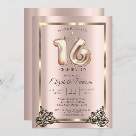 Rose Gold Rahmen, Border, Crown Sweet 16 Party Inv Einladung (Vorne/Hinten)