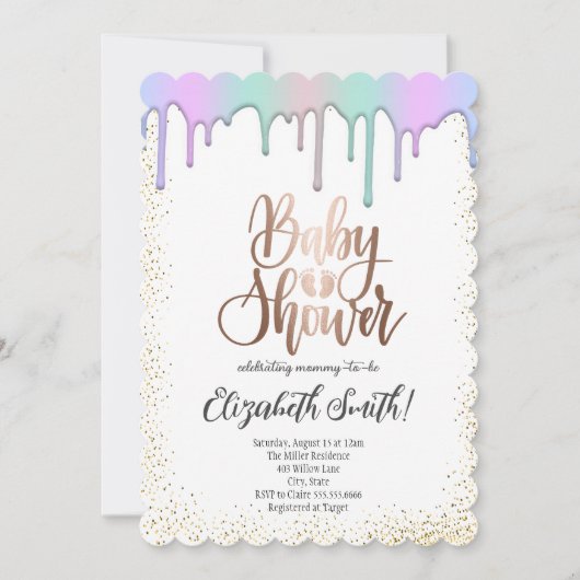 Rose Gold, Regenbogenfarbene Sterne Baby Dusche In Einladung (Vorderseite)