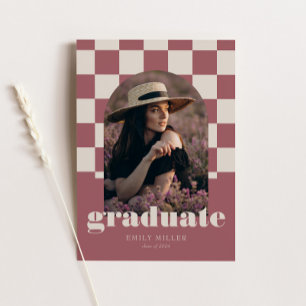 Rose Gold Retro Checkered Arch Foto Abschluss Einladung