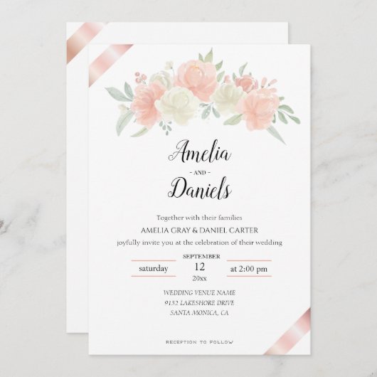Rose Gold Ribbon Rosa White Wedding Einladung (Vorne/Hinten)