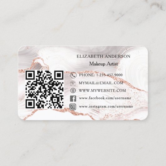 Rose Gold Rosa Age Marmor QR Code Social Media Visitenkarte (Rückseite)