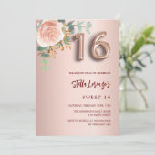 Rose Gold Rosa Blumen Luxus Sweet 16 Einladung (Stehend Vorderseite)