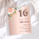 Rose Gold Rosa Blumenbudget Süß 16 Einladung<br><div class="desc">Eine moderne, stilvolle und glamouröse Einladung für eine Girl's Sweet 16, 16. Geburtstagsparty. Eine Rose goldener Farbverlauf mit einer Rose goldgelb und rot rosa Blüte. Der Name ist mit einer modernen dunklen Rose goldfarbenen Handschrift geschrieben, die als Stilschrift dient. Personalisieren Sie Ihre Party-Daten und fügen Sie sie hinzu. Nummer 16...</div>