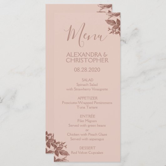 Rose Gold Rosa Blumenrosa Hochzeitsmenü Menükarte (Vorne/Hinten)