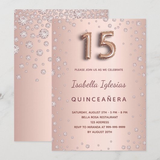 Rose Gold rosa Diamanten Quinceanera Einladung (Vorne/Hinten)