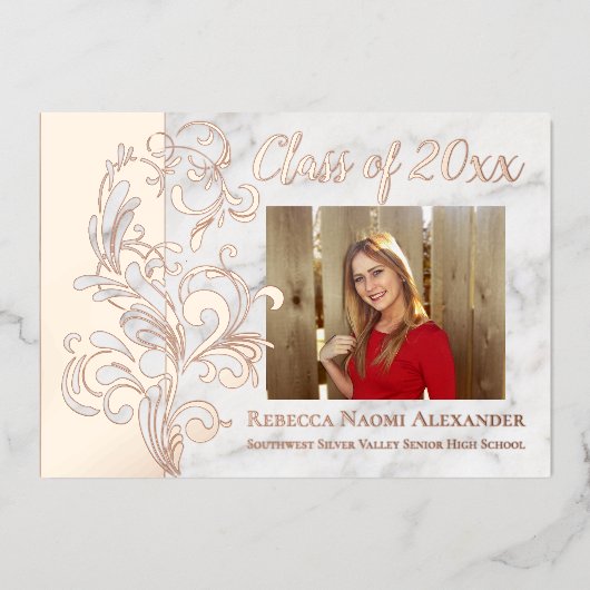 Rose Gold Rosa Elegante Foto Abschluss Swirl Folieneinladung (Vorderseite)