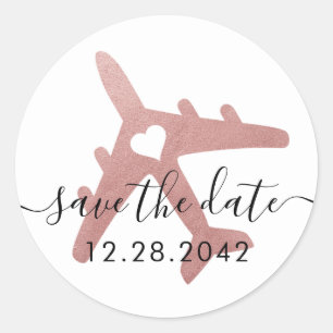 Rose Gold Rosa Flugzeug Zielort Save the Date Runder Aufkleber