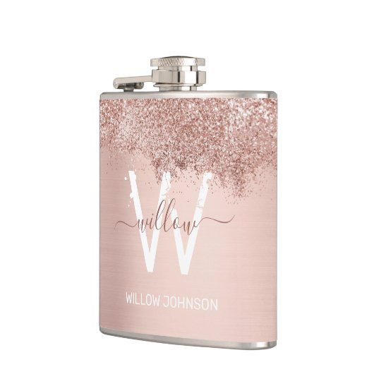 Rose Gold Rosa Girl-Glitzer-Staubmonogramm Flachmann (Links)