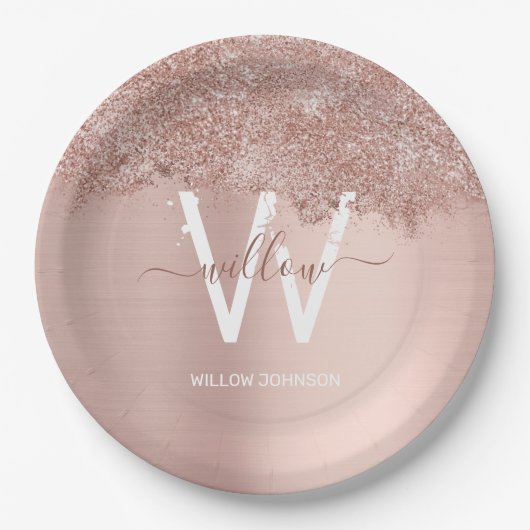 Rose Gold Rosa Girl-Glitzer-Staubmonogramm Pappteller (Vorderseite)