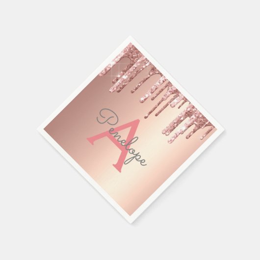 Rose Gold rosa Glitzer Drilling Glam mit Monogramm Serviette (Ecke)