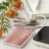 Rose Gold Rosa Glitzer gebürstetes Metal Monogramm Schlüsselanhänger (Vorderseite rechts)